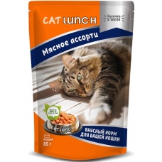 Cat Lunch пауч для кошек кусочки в желе Мясное ассорти